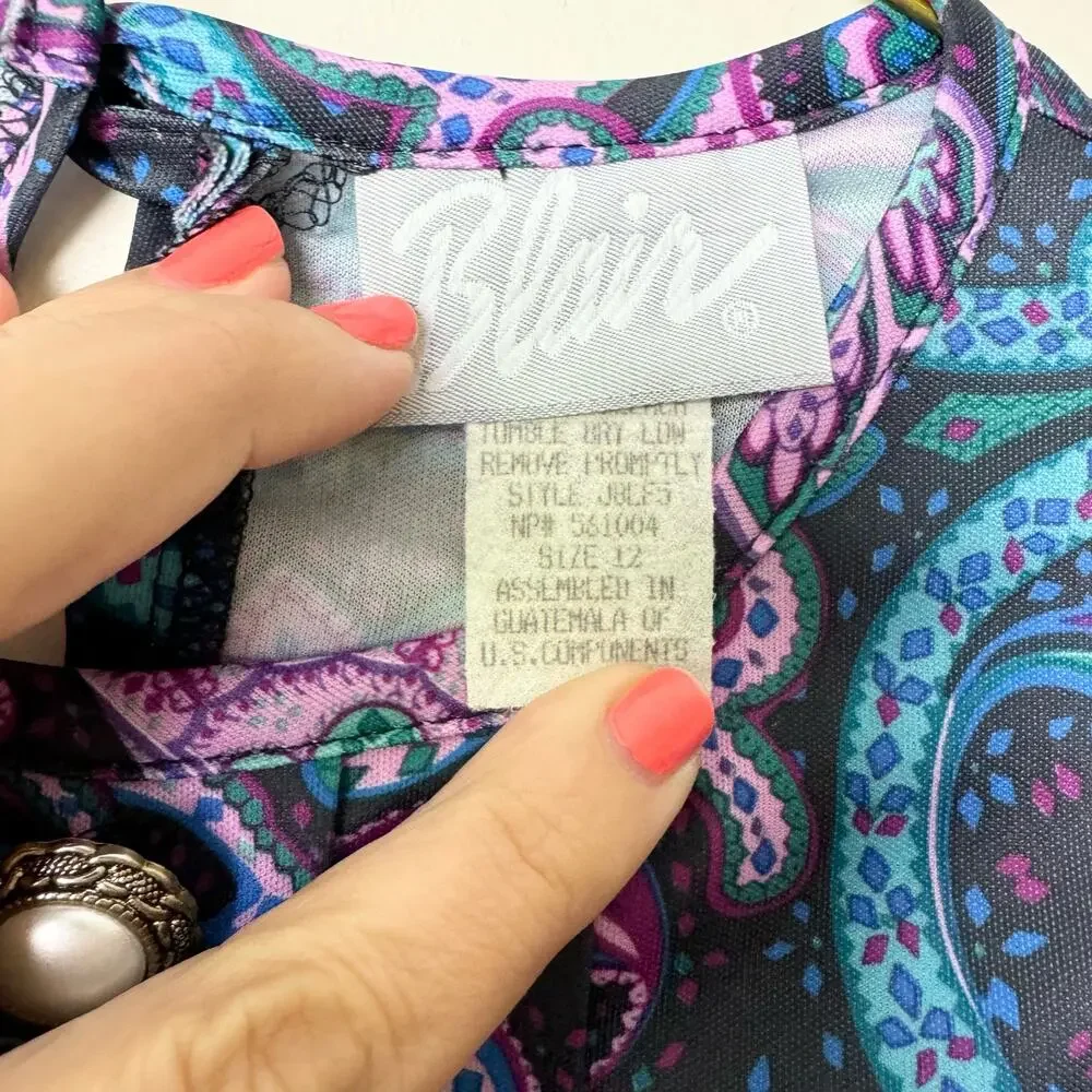 Blair VINTAGE purple teal monotone floral‎ paisley Pleated front blouse Size 12